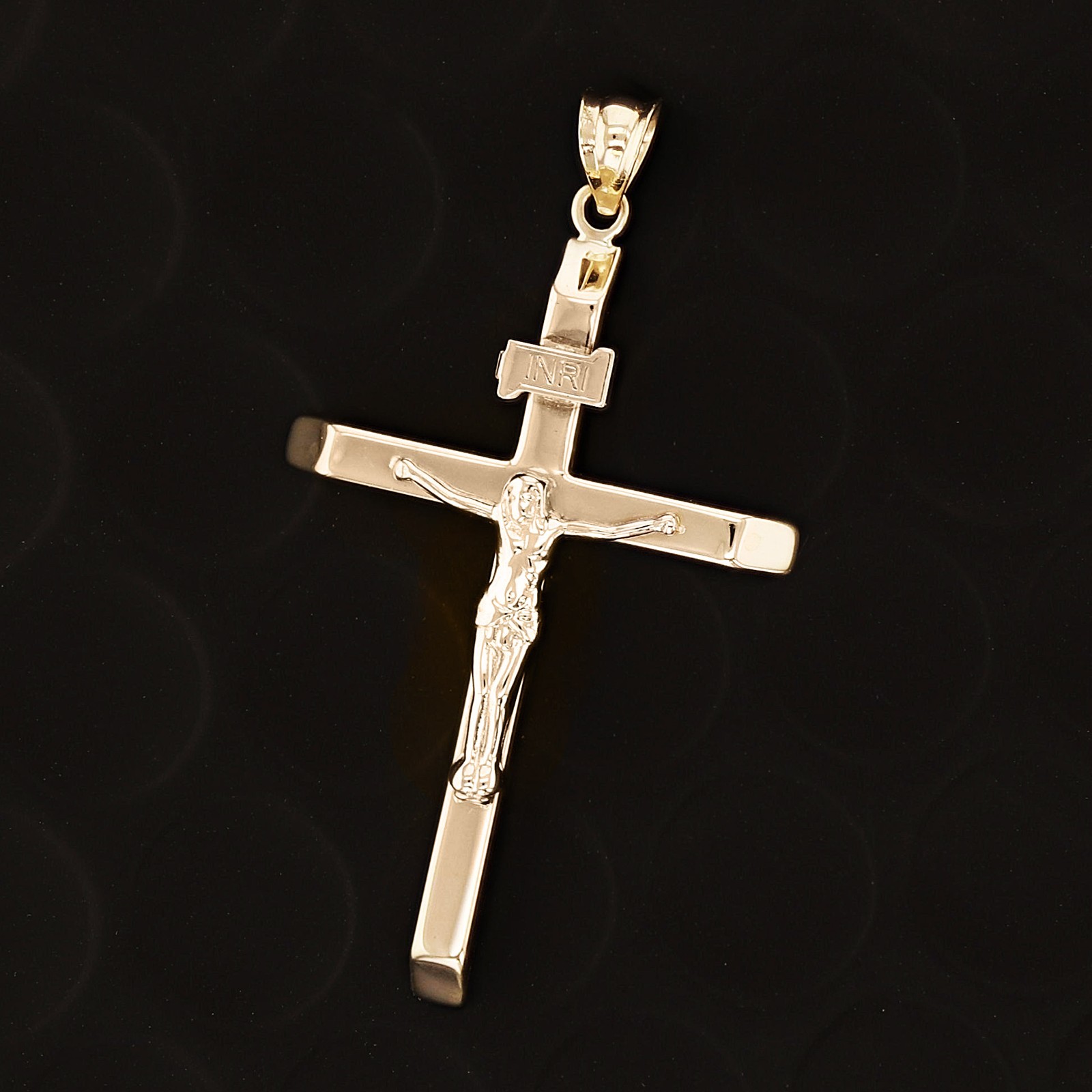 Italian 14k Yellow Gold Hollow INRI Crucifix Cross Charm Pendant 1.7″ 1.5 grams