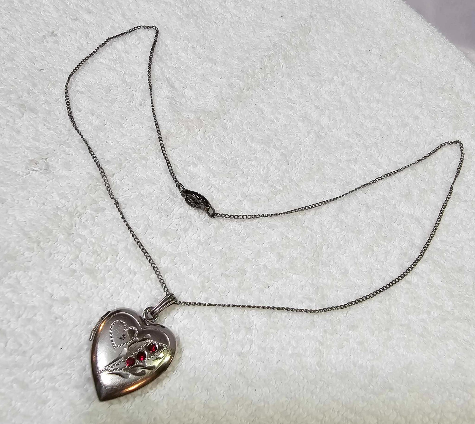Sterling Heart Pendant Red Stone Etched “LOVE VINNY 3-14-57” w chain necklace