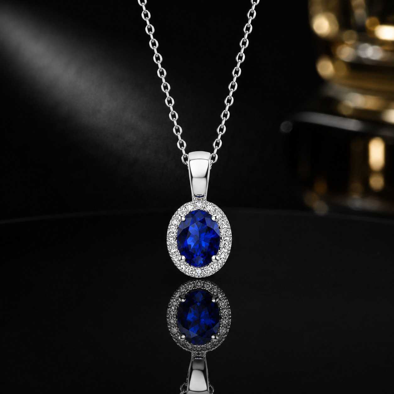 Oval Blue Sapphire Halo Pendant Necklace 925 Sterling Silver Lab Created