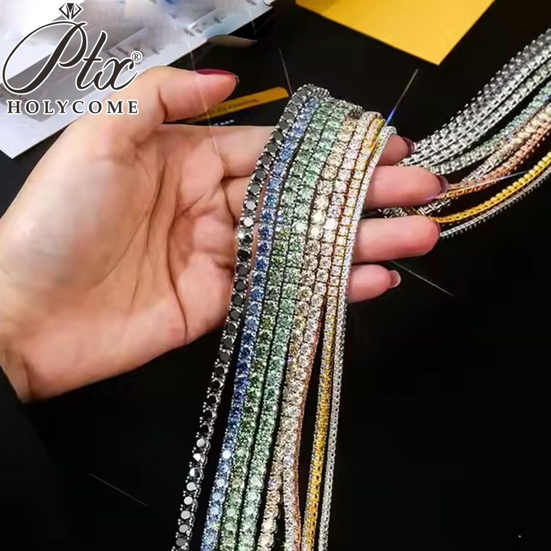 Colorful Real Moissanite Tennis Chain Necklace S925 Silver Bracelet Passes Test
