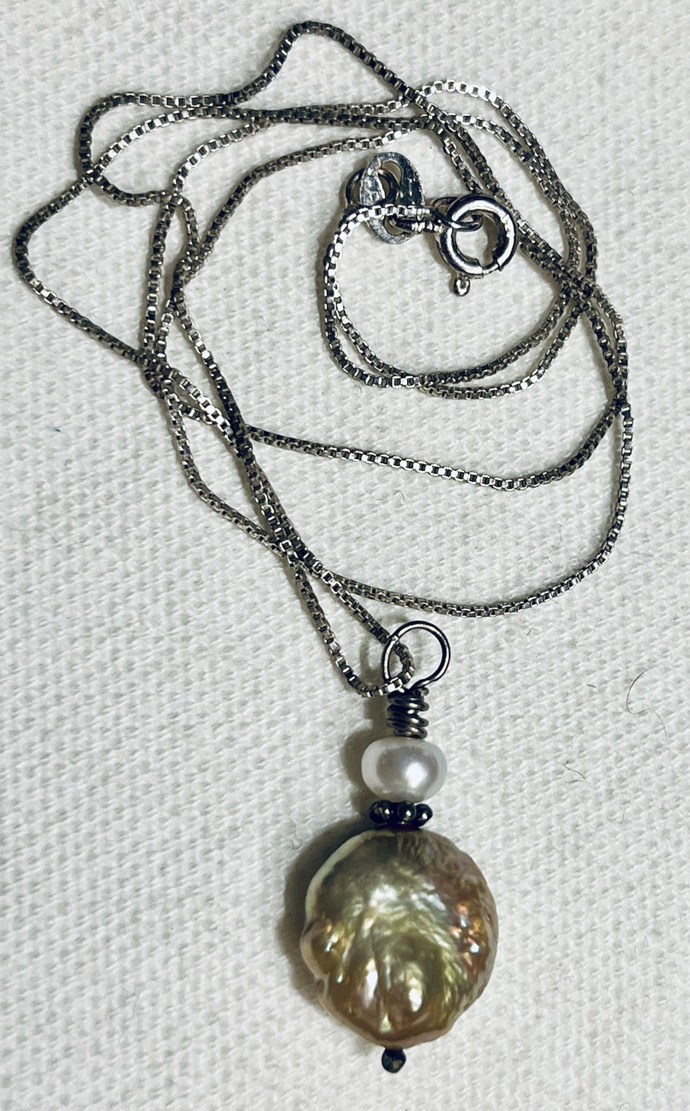 Vintage Sterling Silver .925 Necklace with Artisan Coin Pearl Pendant