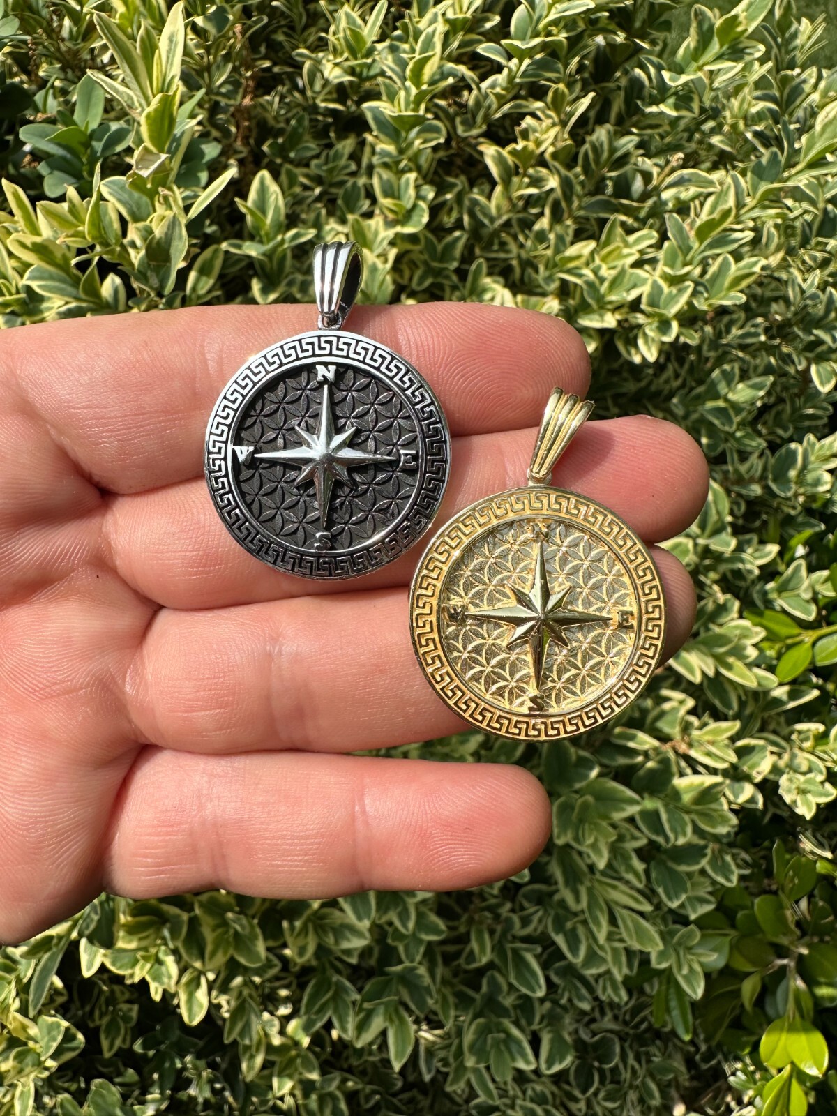 Real 925 Silver / 14k Gold Plated North Star Compass Medallion Pendant Necklace