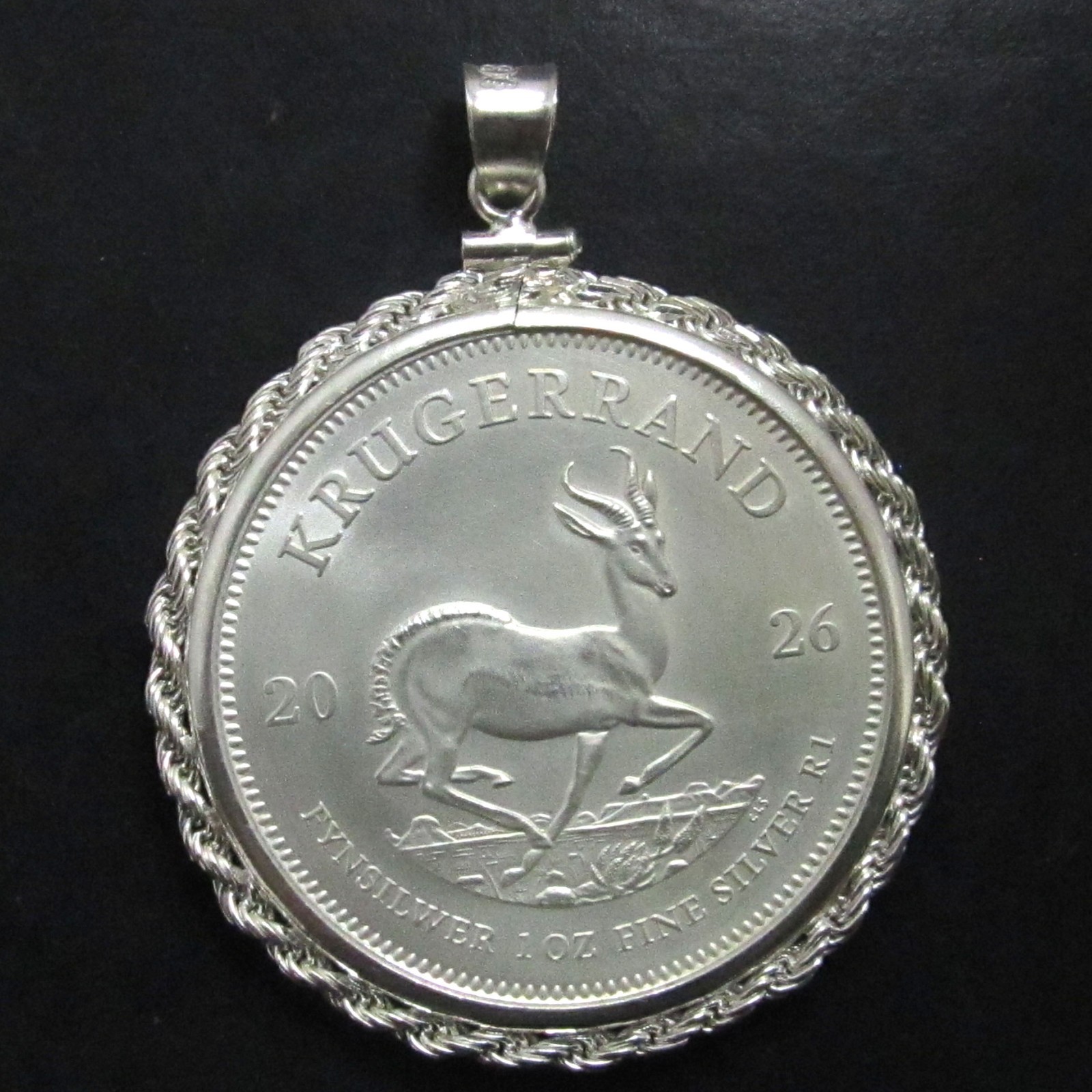 Coin Pendant 1 oz. 2026 Fine Silver Krugerrand Sterling Silver Rope Bezel BU
