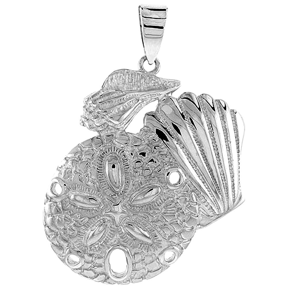 925 Sterling Silver Sand Dollar and Seashells Pendant 1 1/2 (38mm) Inch Tall