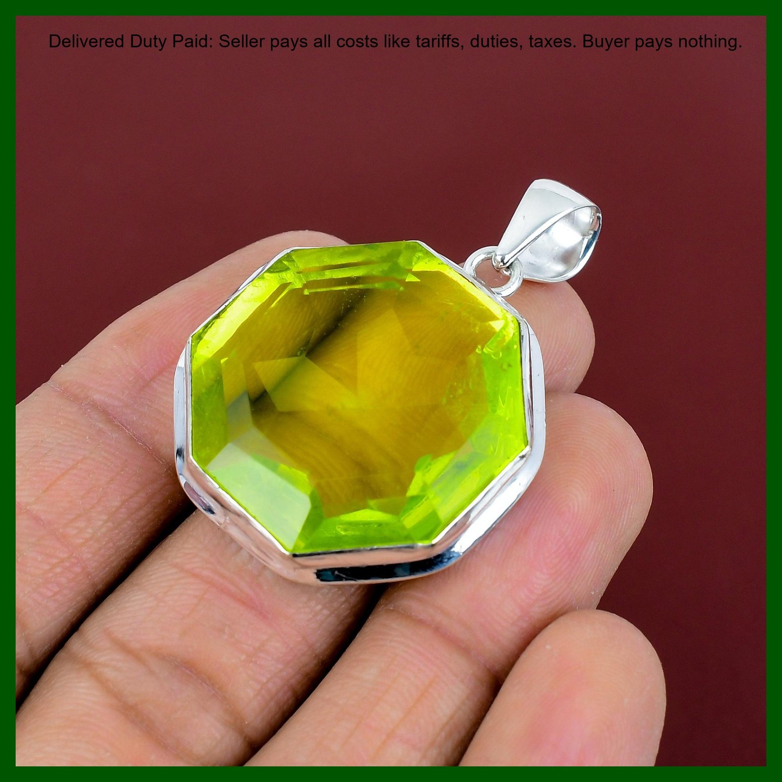 925 Silver Natural Lemon Topaz Bezel Art Deco Unique Engagement Birthday Pendant