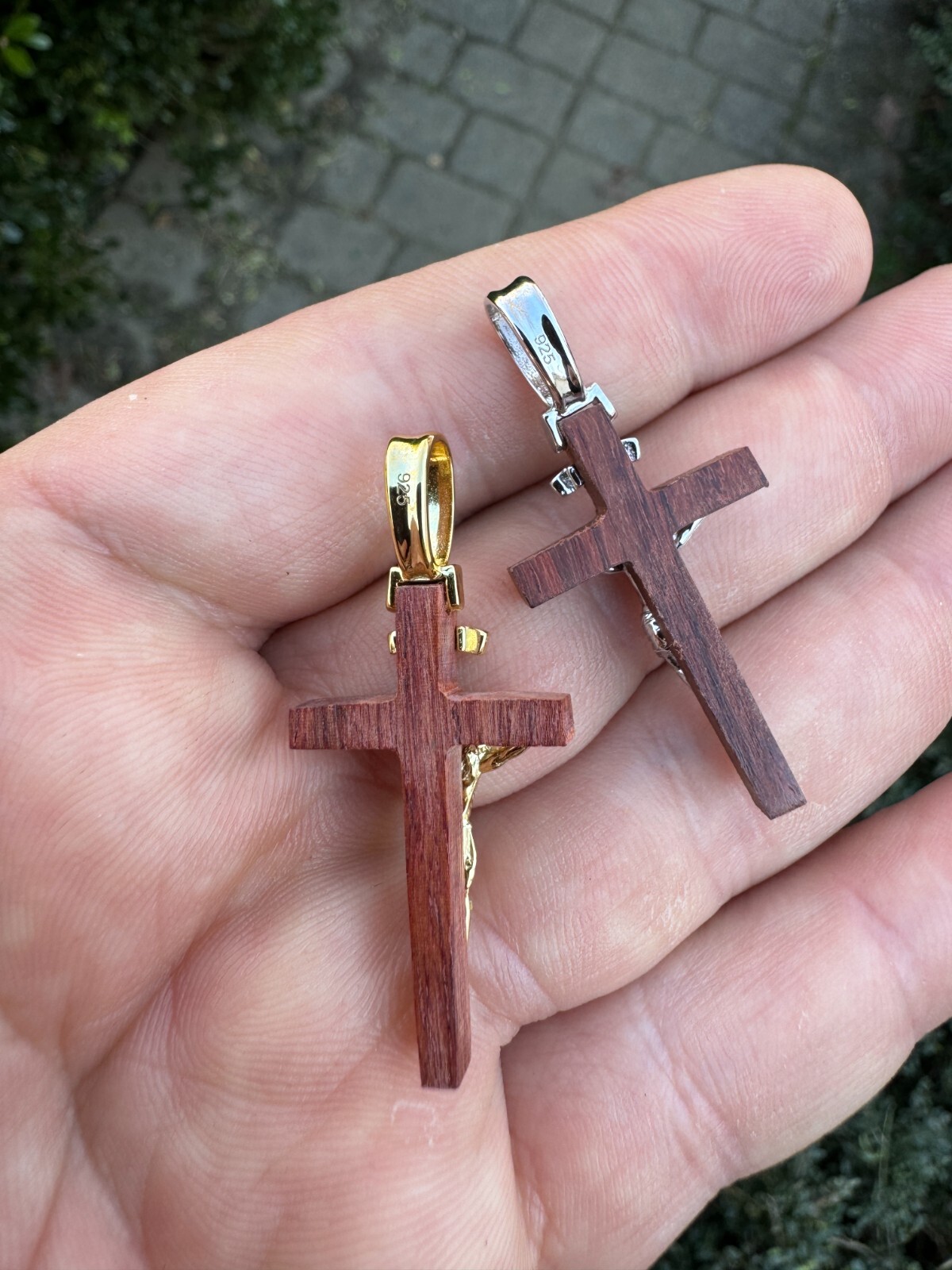 Mens Real 925 Silver Red Cherry Walnut Wood Jesus Cross Pendant Necklace 1.25″