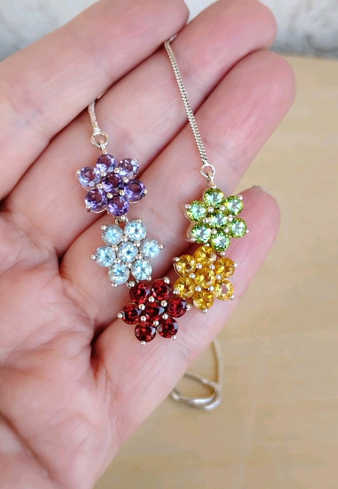 Thai Sterling Silver 925 Multi-Gem Floral Necklace Garnet Amethyst Topaz 20.5″