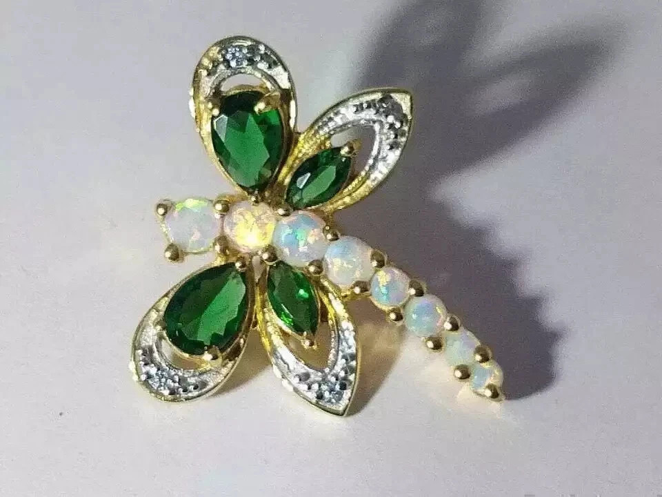 2Ct Round Cut Fire Opal Dragonfly Pendant 14K Yellow Gold Over