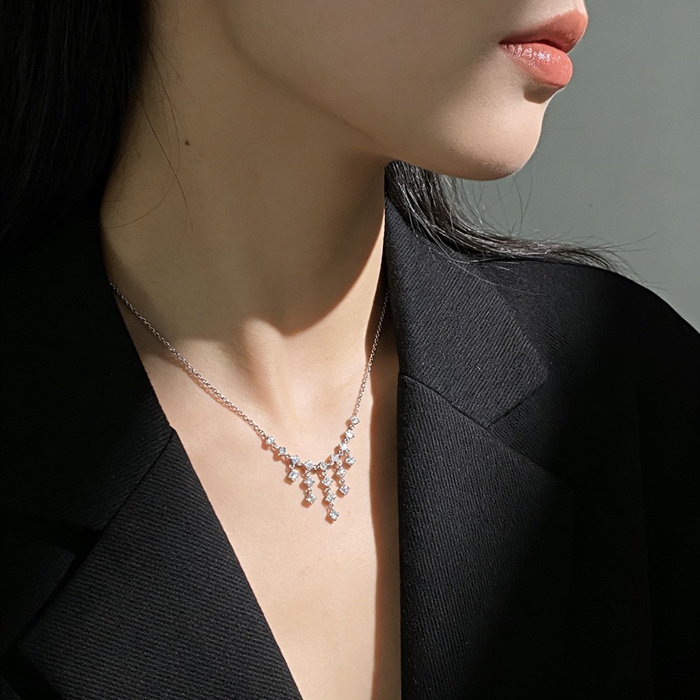 3mm Round Cut Real Moissanite Tassel Pendant Necklace 925 Sterling Silver Chain