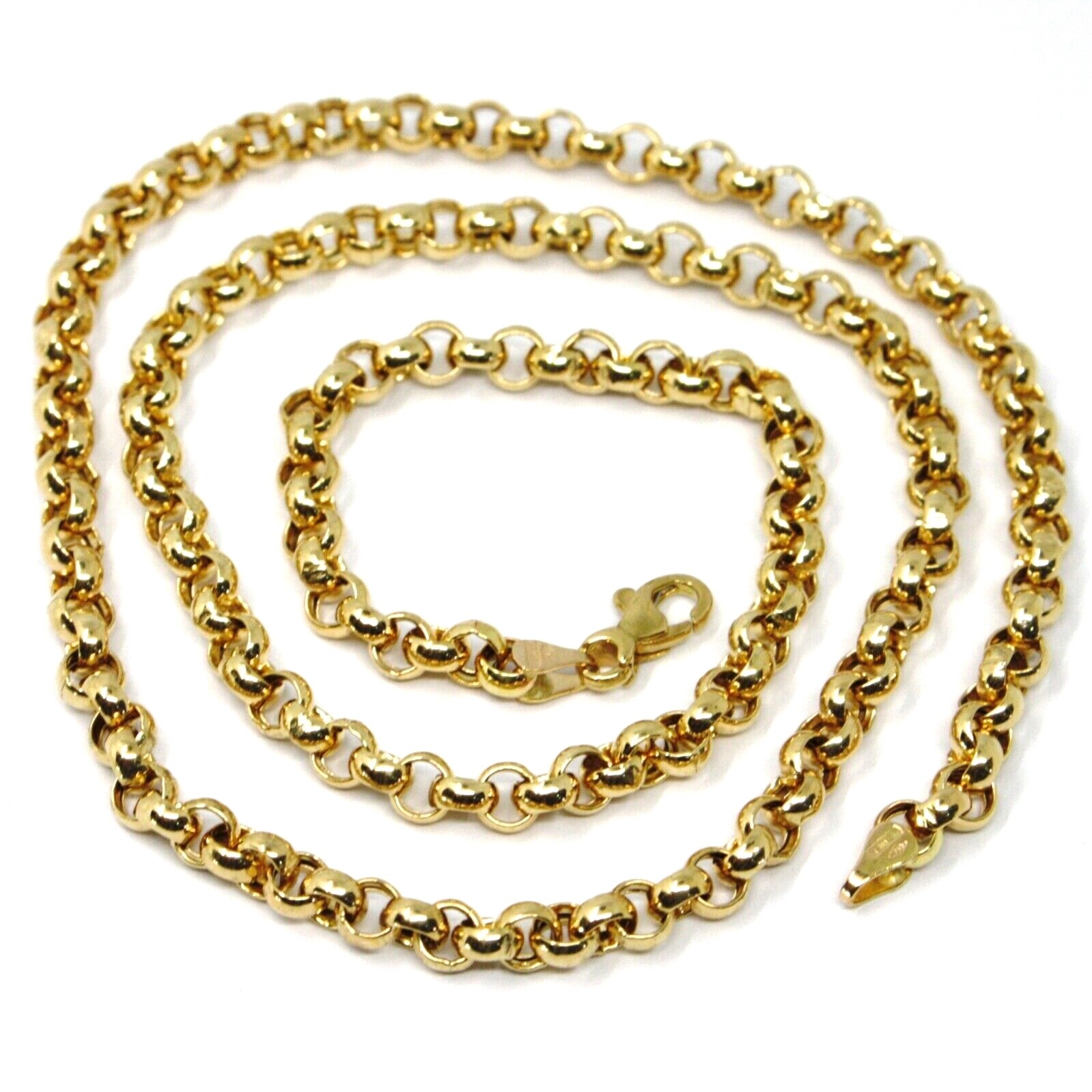 18K YELLOW GOLD CHAIN 17.70″ INCHES 45cm, BIG ROUND CIRCLE ROLO THICK 4 MM LINK