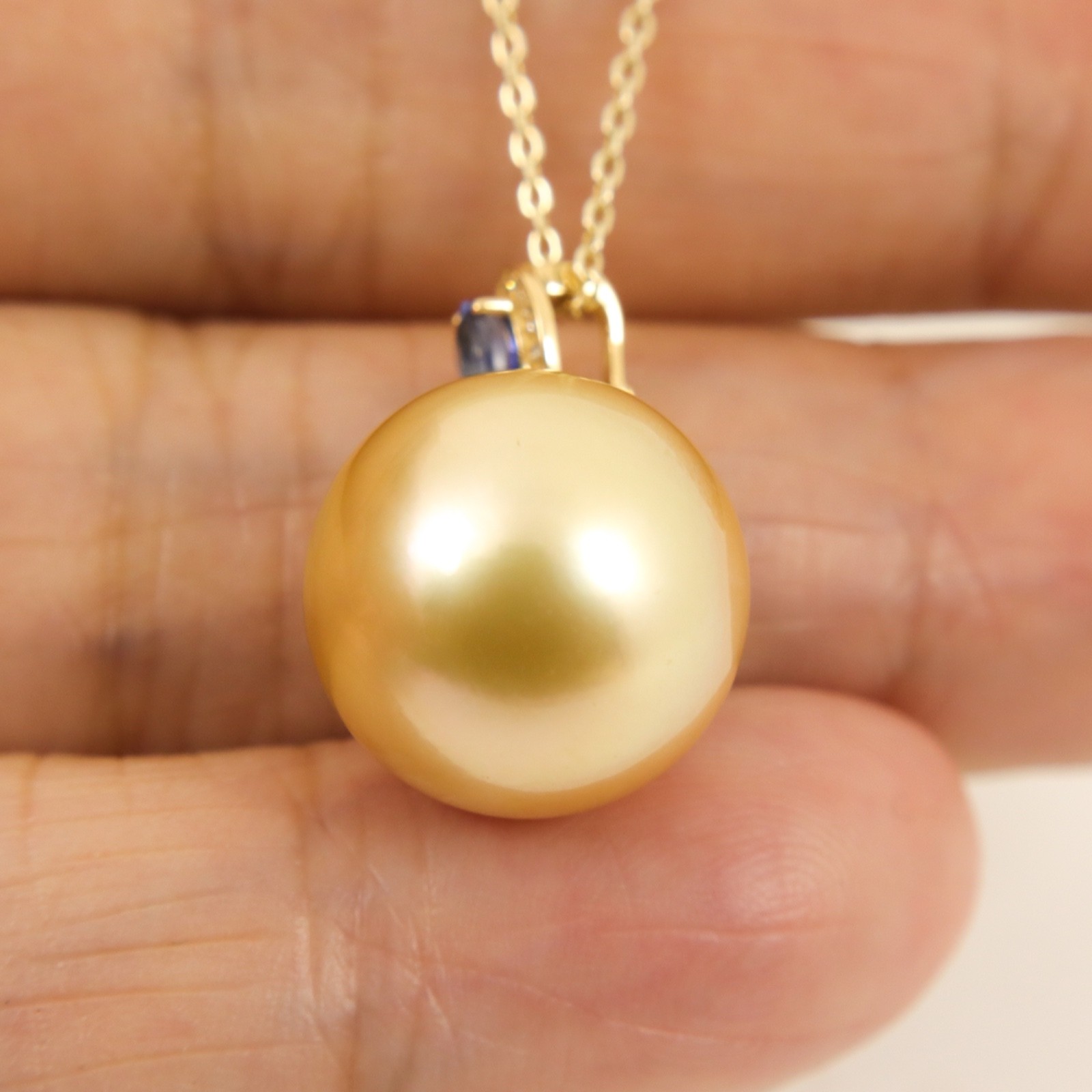 Massive 14mm Natural Golden South Sea Pearl Pendant w. Diamonds & Sapphire #113P