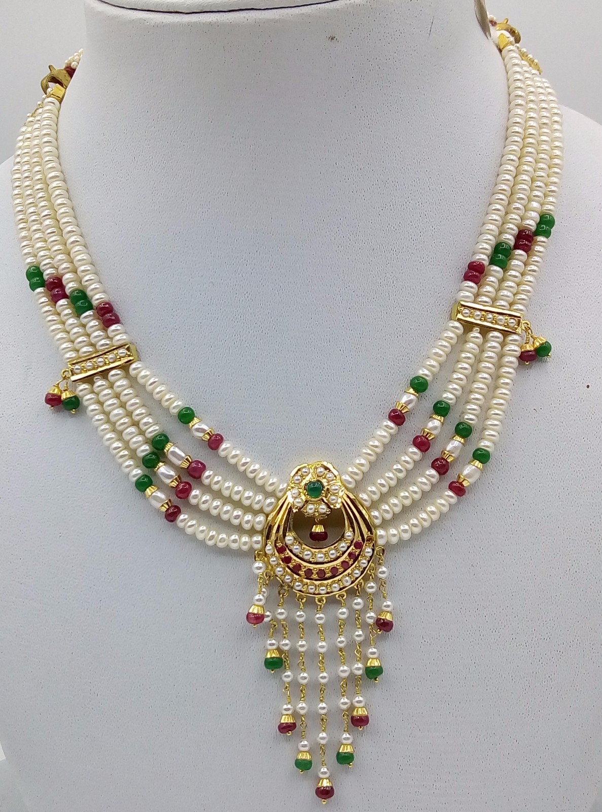 INDIAN BRIDAL GOLD PENDANT SET WITH EARRING SET RUBY EMERALD BEADED NECKLACE SET