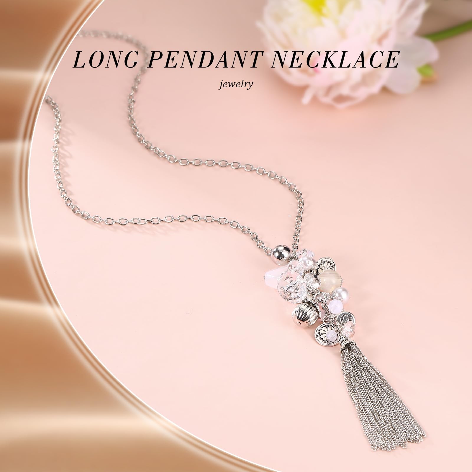 Silver Long Tassel Necklaces for Women Boho Chain Necklace with Tassel Beaded Pe