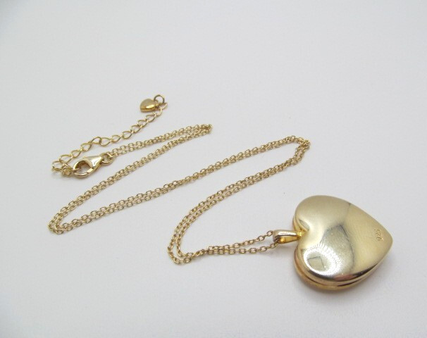 925 Sterling Silver Yellow Gold Wash Heart Locket Oval Link Chain Necklace