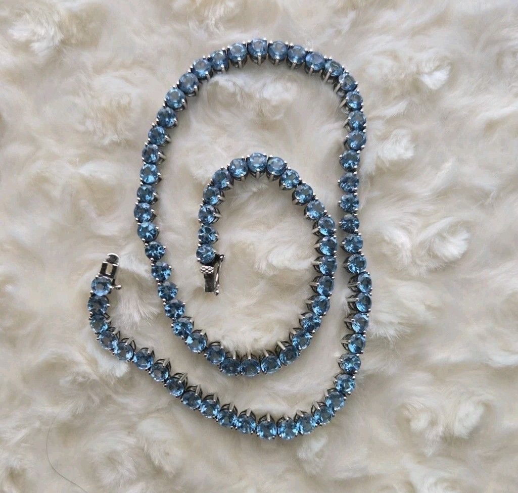 Blue Topaz Tennis Necklace 17″ Sterling Silver 925 – 3ct TW – Excellent Cond