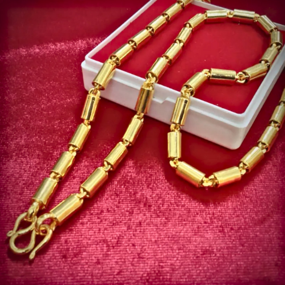 24K Gold Plated Necklace 24″ 10 Baht Style Barrel Link Chain Unisex Thai Jewelry
