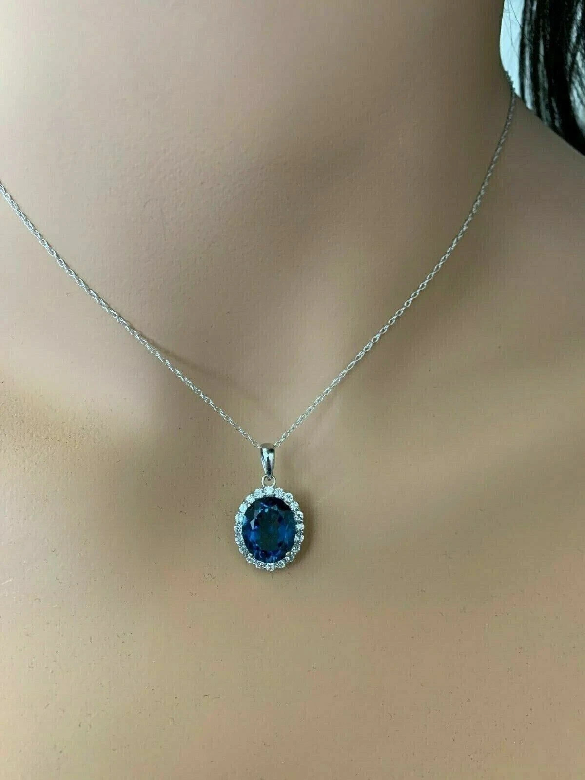 3Ct Oval Cut Lab Created London Blue Topaz Halo Pendant 14K White Gold Plated