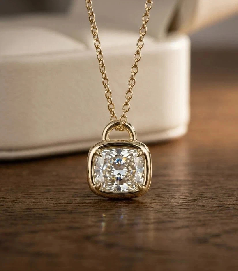 14K Yellow Gold Plated 2Ct Cushion Cut White Moissanite Women’s Beauty Pendant