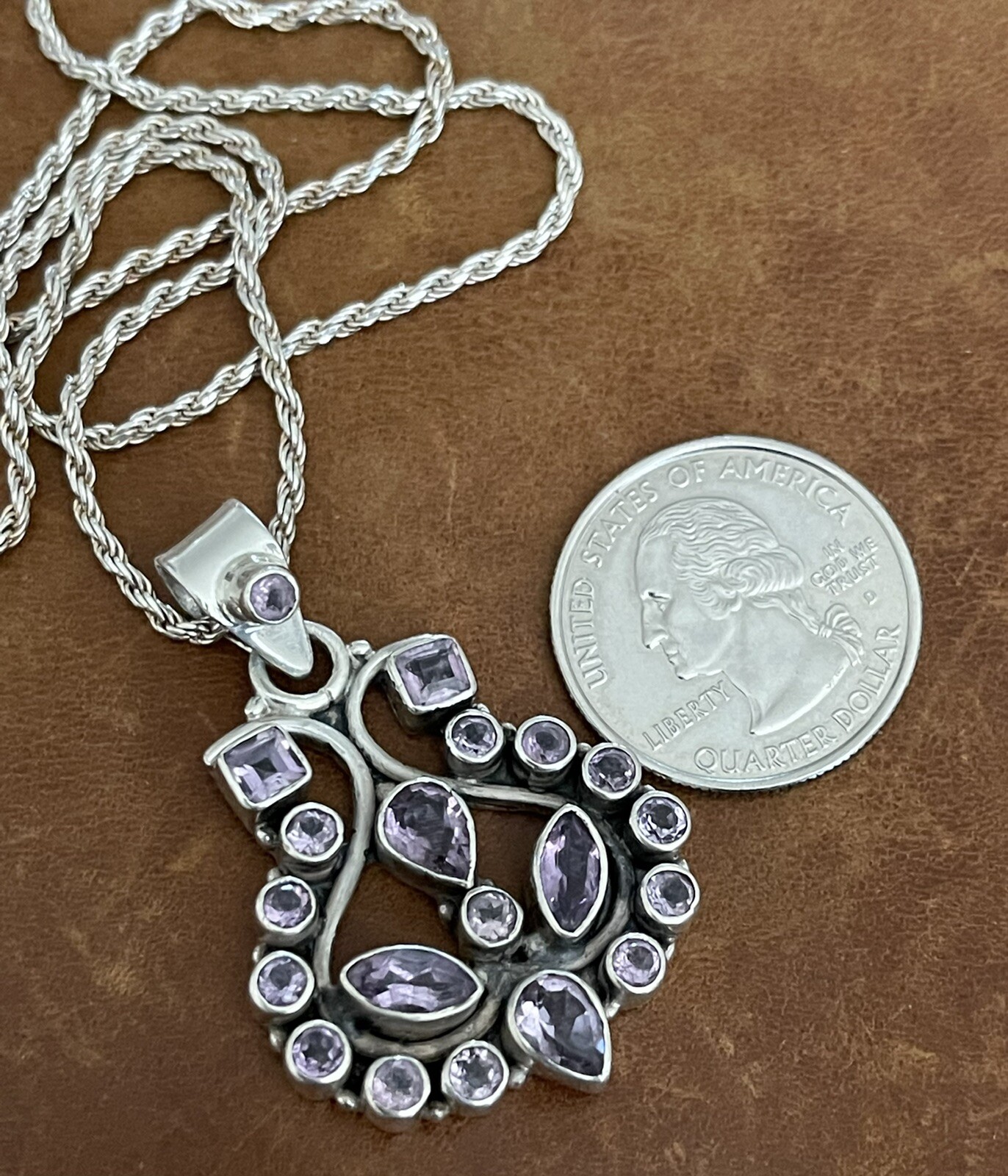 Vintage Amethyst Cluster Pendant Twisted Rope Chain Sterling 925 Necklace 20” in