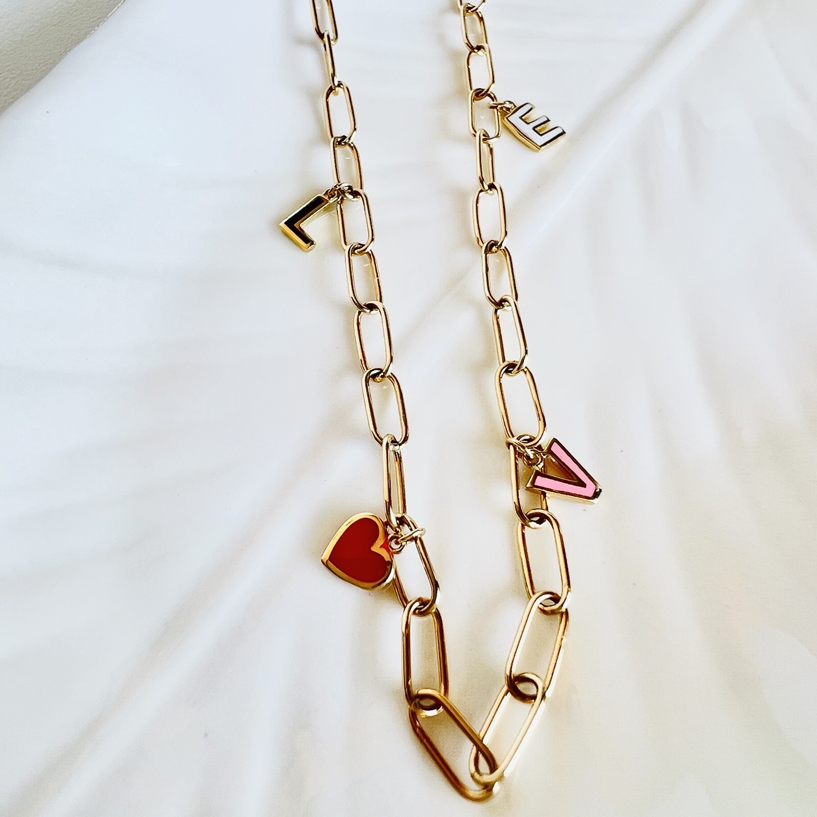 Solid 14k Yellow Gold Paper Clip Enameled “LOVE” Charm Necklace, 17″ New