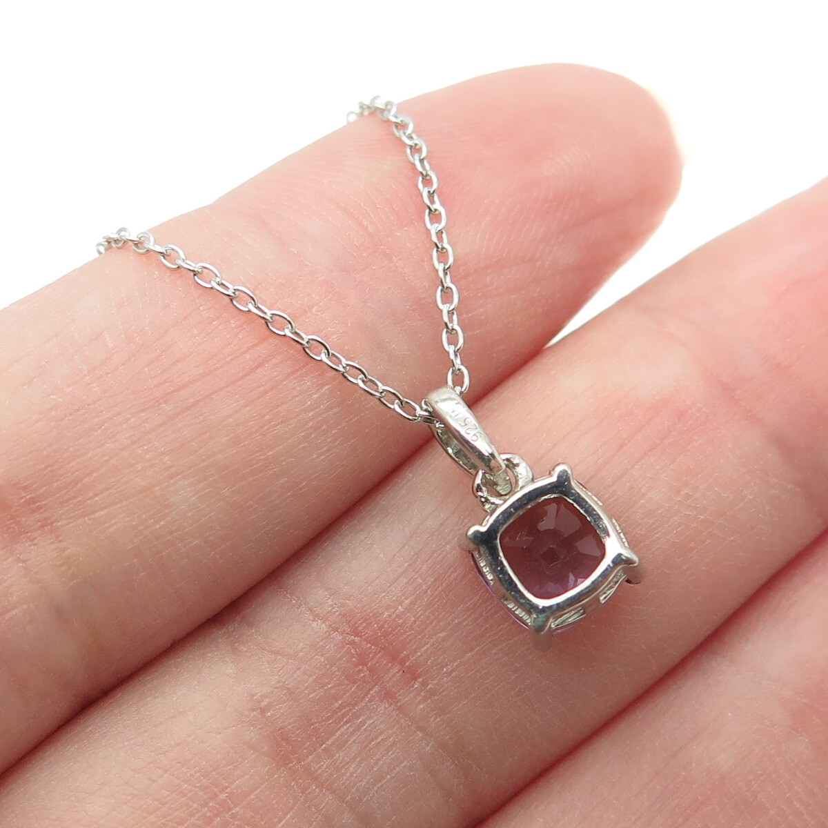 925 Sterling Silver Real Cushion-Cut Amethyst Cable Chain Necklace 18″