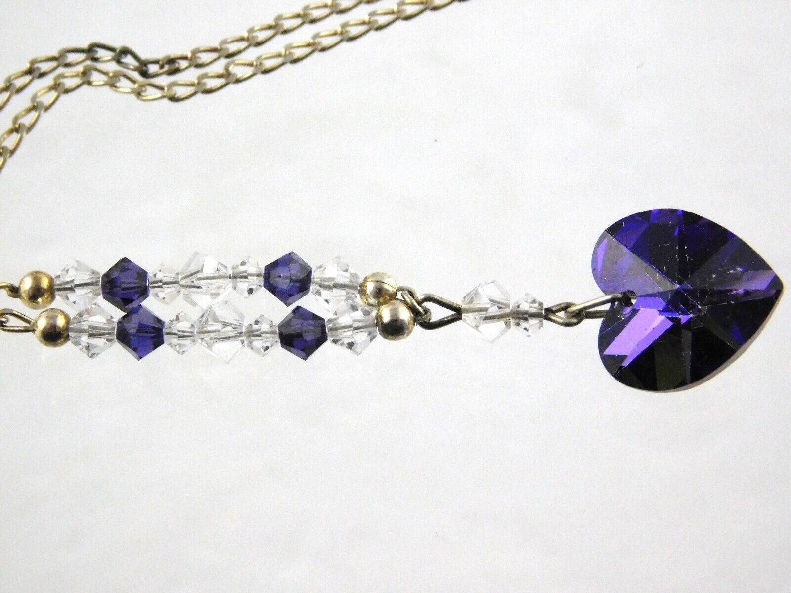 Sterling Silver Purple Crystal Rhinestone Heart Pendant Necklace 17.5 Inches 5g