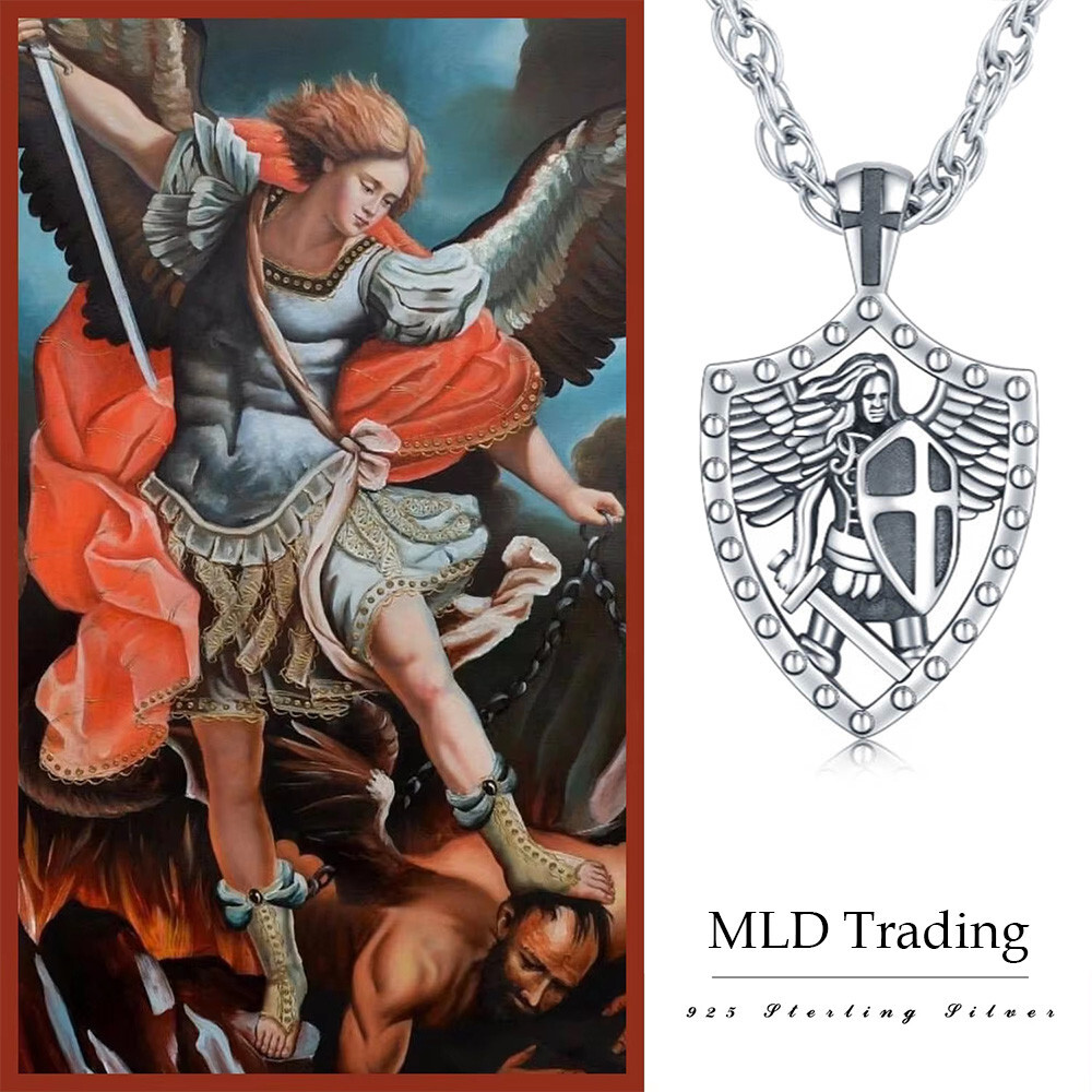 MLD 925 Sterling Silver Saint St Michael Shield Pendant Necklace w/ 22″ Chain