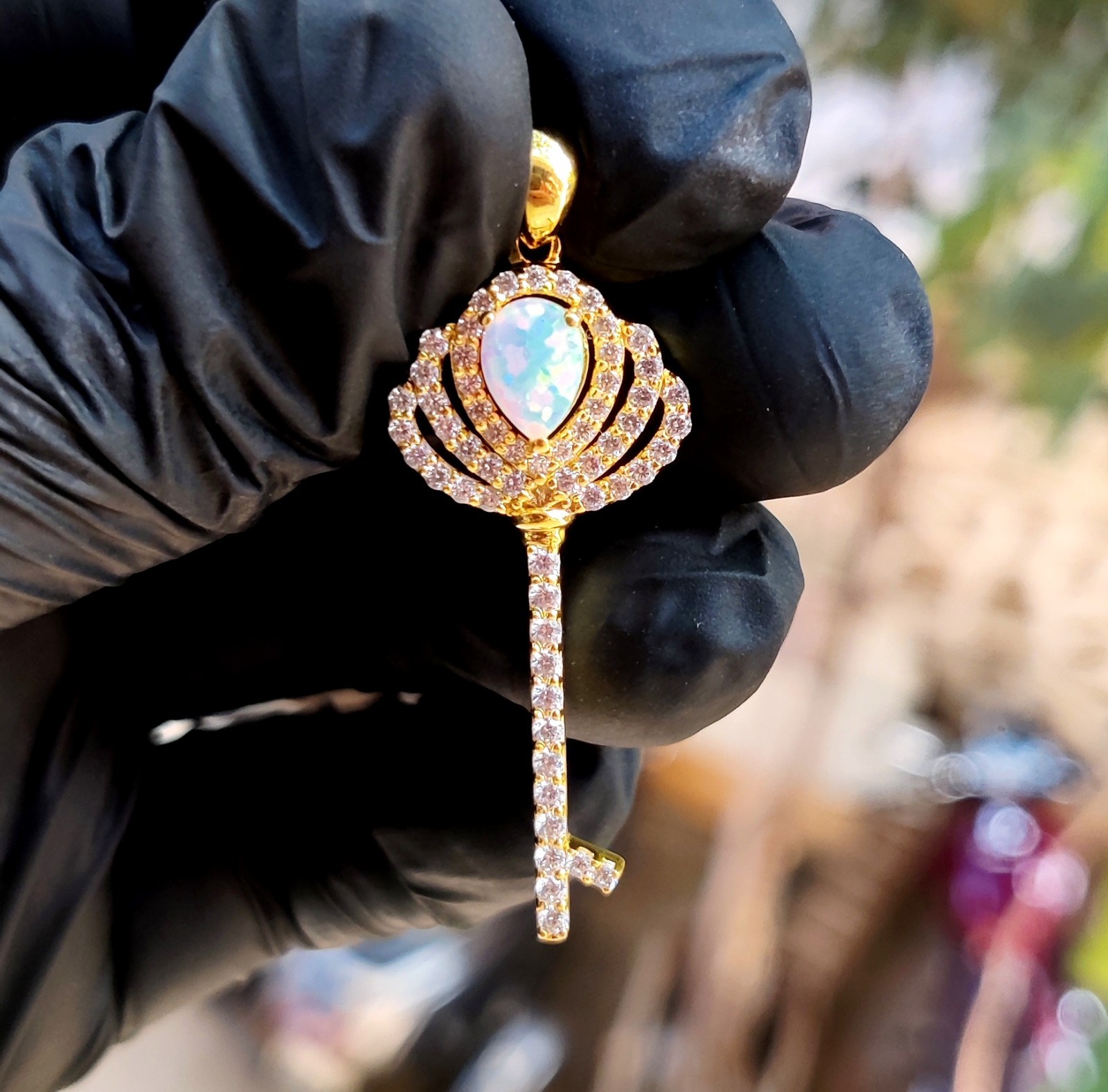 2Ct Pear Cut Lab Created Fire Opal Key Pendant 14K Yellow Gold Plated 925 Silver