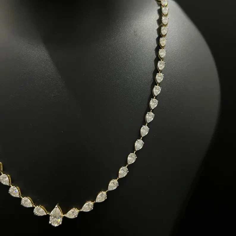 Graduated Tennis Necklace 18Ct Pear Lab-Created Diamond 14K Yellow Gold Over 18″