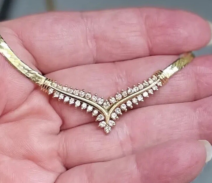 14K 2.00 CTW SOLID YELLOW GOLD HERRINGBONE NECKLACE DIAMOND 16” Long