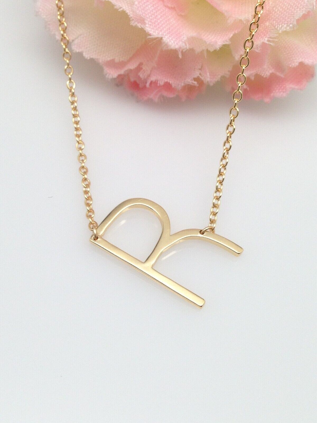 925 Sterling Silver Sideways Initial Letter R Pendant Necklace Gold Women 16mm