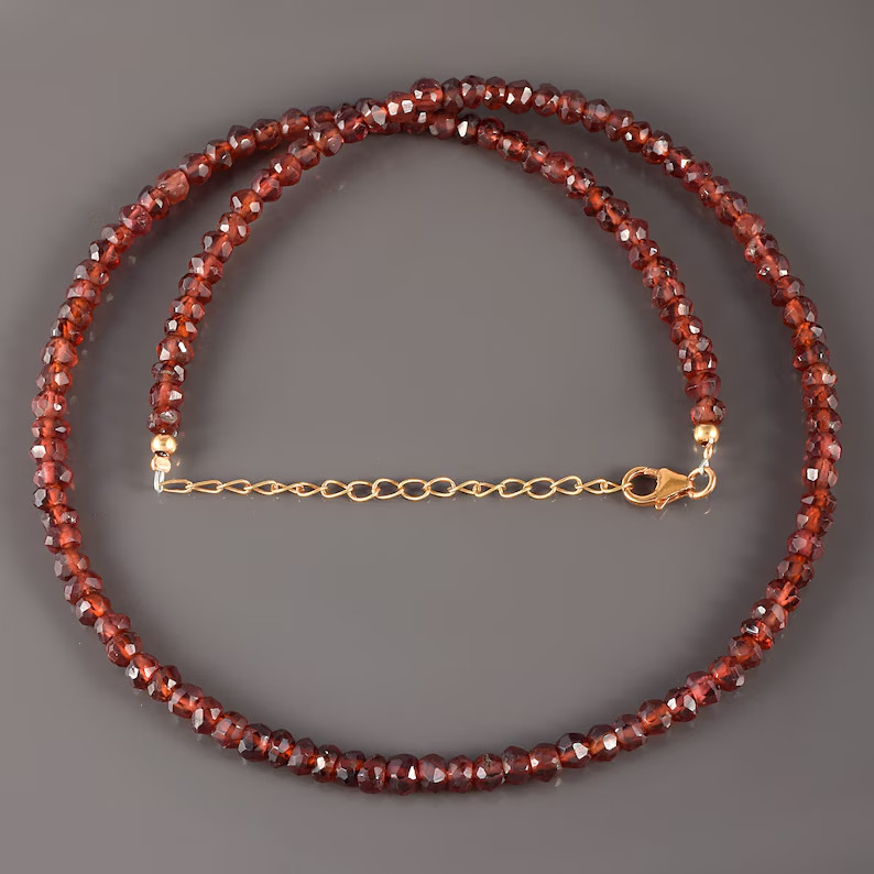 Natural Red Garnet Beaded Necklace 18″ 925 Sterling Silver Handmade Birthstone
