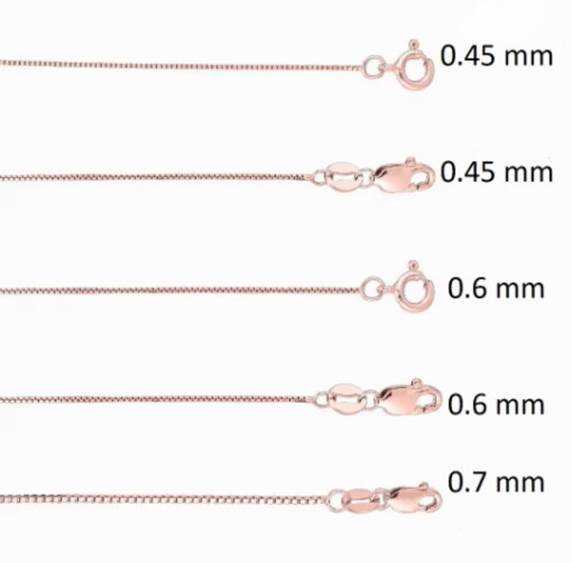 14k Solid Rose Gold Box Chain Necklace 16″ 18″ 20″ 24″ – 0.45 mm to 0.7 mm