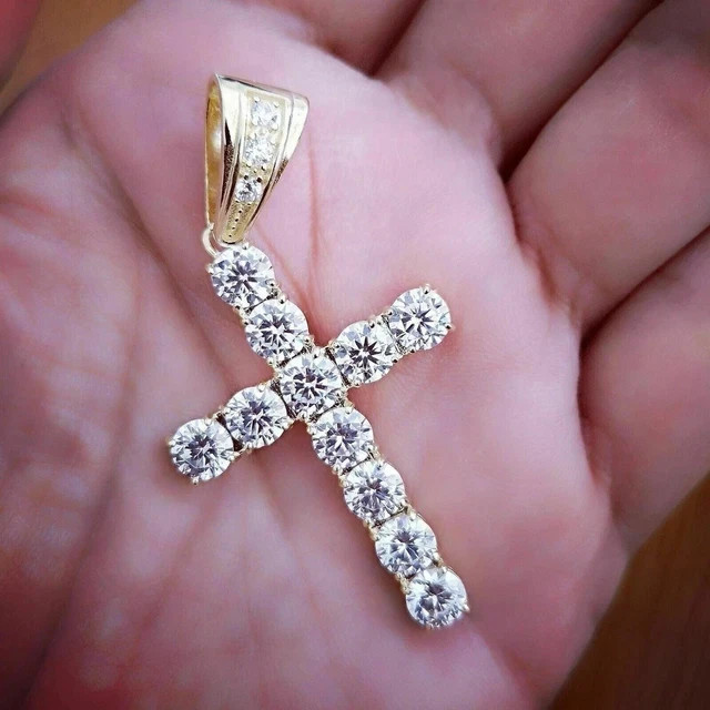 1.50Ct Round Lab Created Diamond Cross Pendant 14K Yellow Gold Plated free chain
