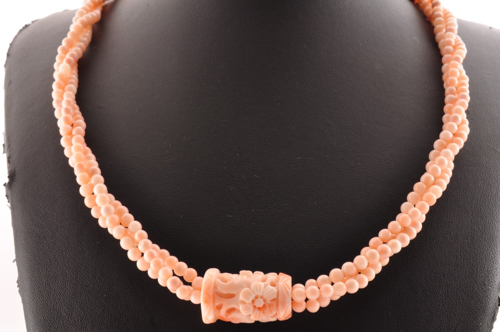 14k gold clasp pink coral necklace carved “cherry blossoms” Certification box.