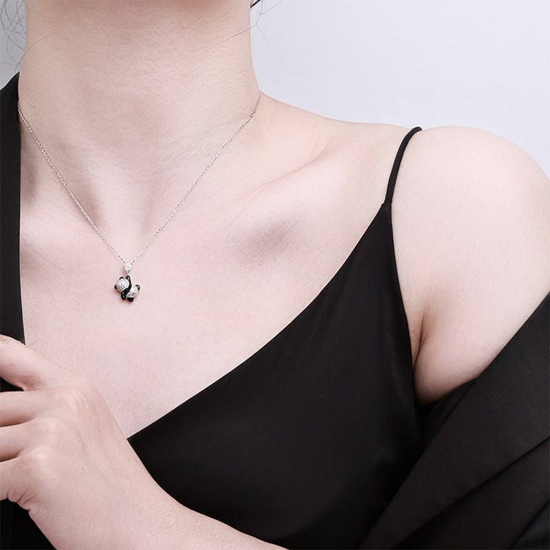 BlackBearPendantNecklace Full CZ SparklingUnique Dainty Korean Style S925 Silver