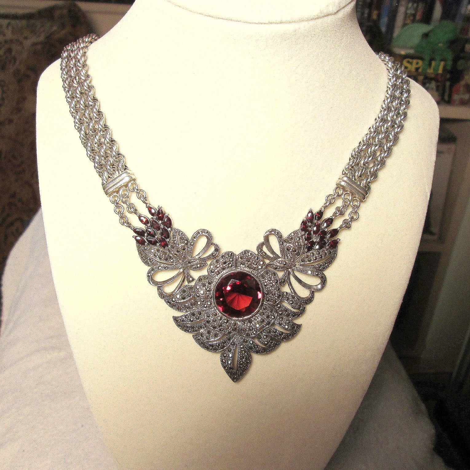 STATEMENT PIECE Sterling Silver Large GARNET MARCASITE Necklace STUNNING 76.7 G