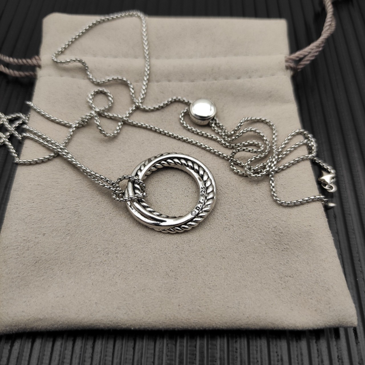 David Yurman Classic Cable Circle Pendant 925 Silver Diamond Slide Necklace 90cm