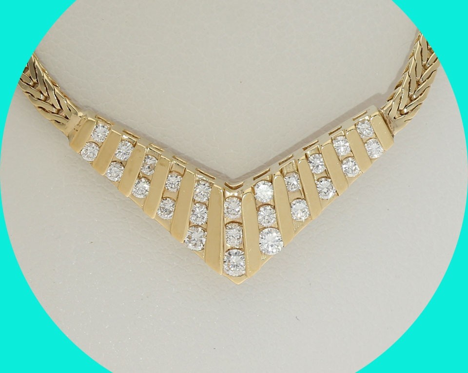 Natural Diamond V Station Necklace .87CT 14K YG G-H Color VS Clarity 16” Long