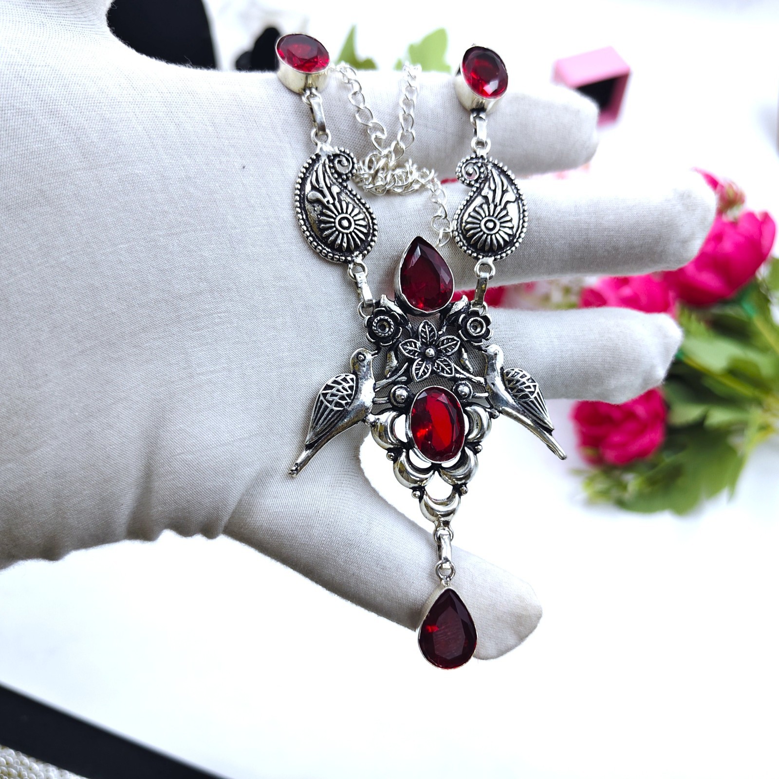 Red Garnet Gemstone Handmade 925 Sterling Silver Jewelry Necklace Size-17-18″