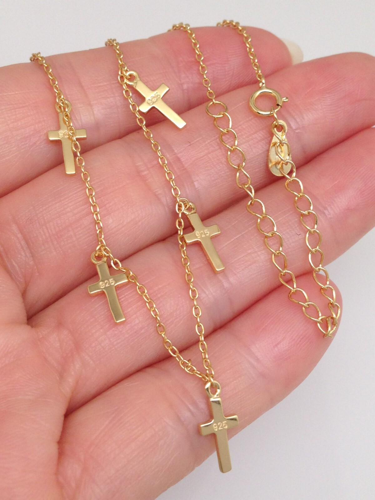 925 Sterling Silver Cross Charm Dangle Choker Necklace Plain Gold 9mm 15.5″ Girl