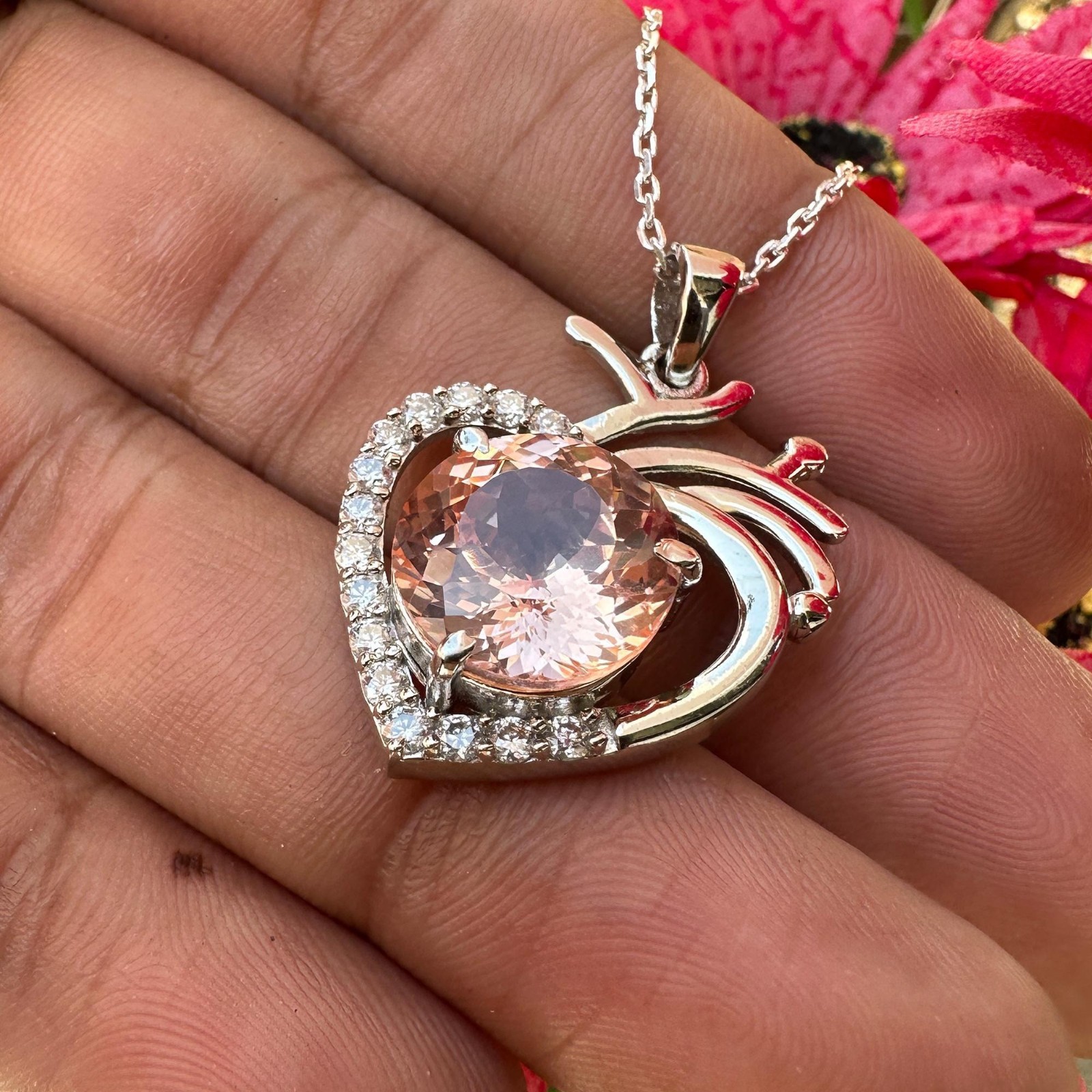 Certified Padparadscha Sapphire 30 Ct Heart Pendant Necklace 925 Sterling Silver