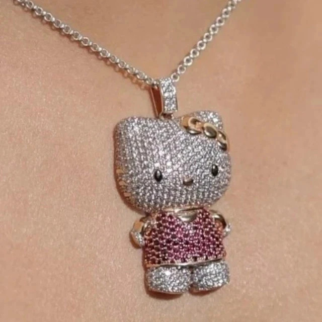 Real Moissanite 2.70Ct Round Cut Hello Kitty Pendant 14K Yellow Gold Plated