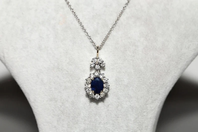 Vintage 2.10Ct Lab-Created 0val Sapphire &Diamond Pendant 14k White Gold Plated