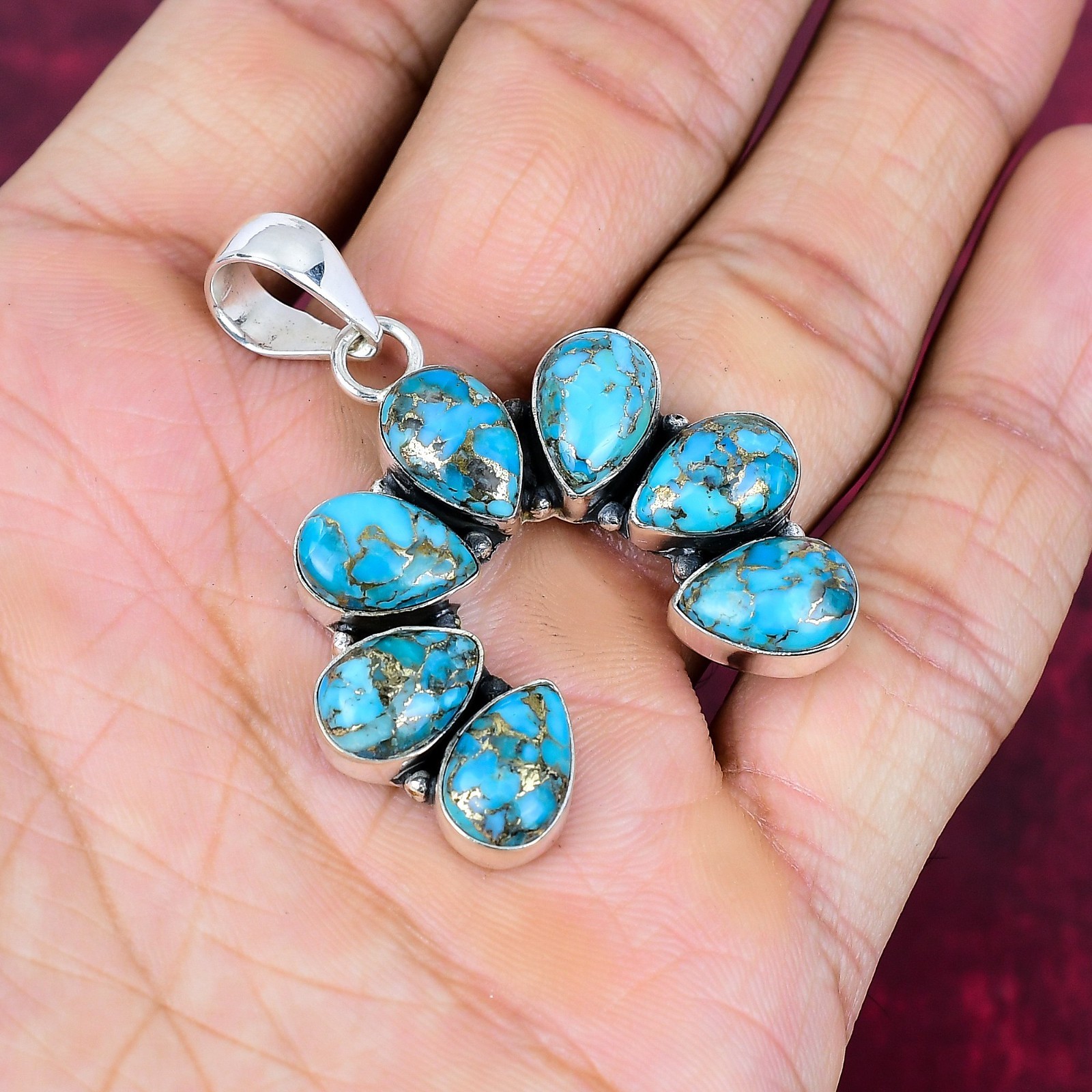 Blue Copper Turquoise Gemstone Handmade 925 Sterling Silver Pendant Jewelry