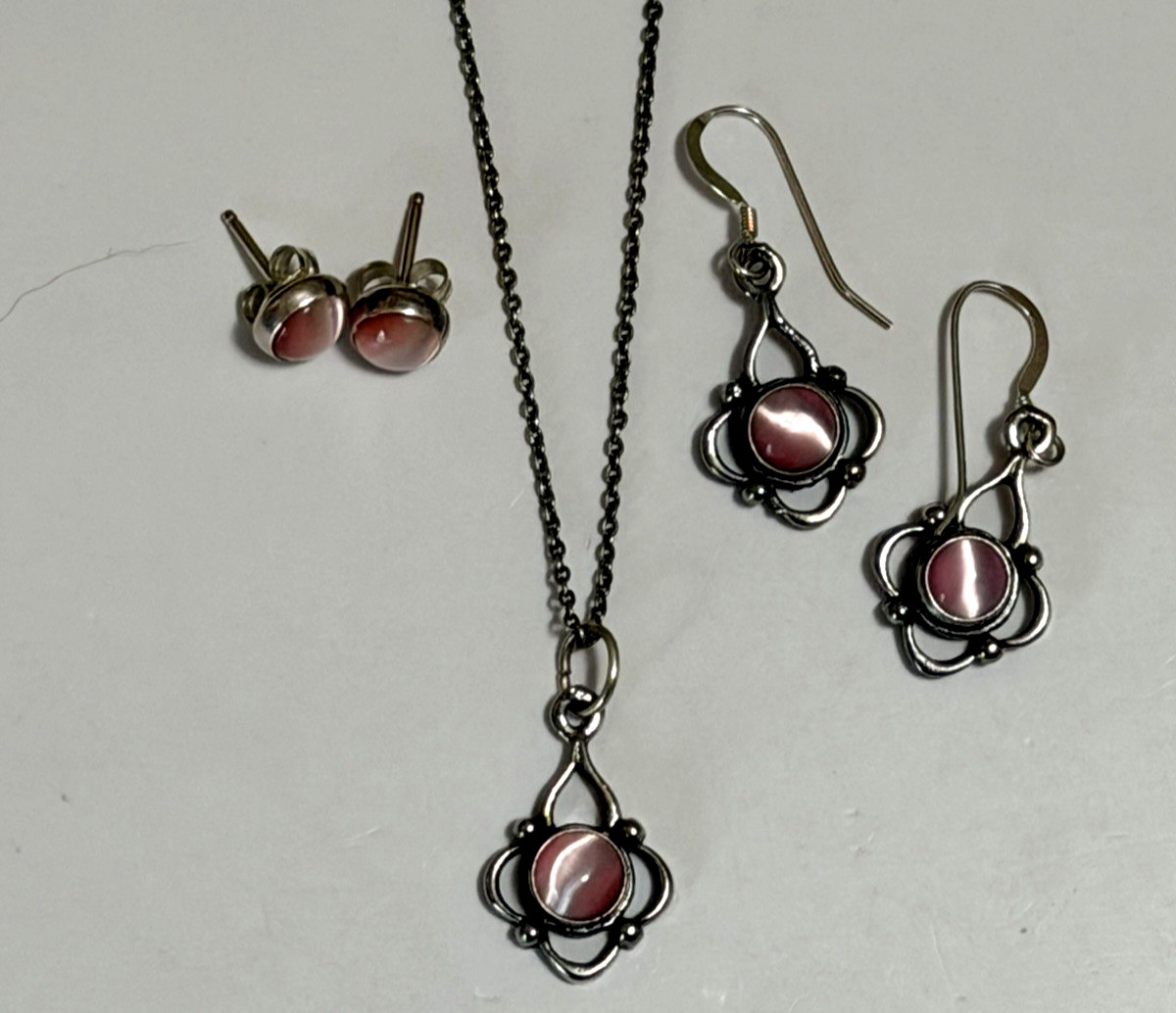 3 Pc Set Pink Cat Eye Necklace + Dangle + Stud Earrings Set 925 Sterling Silver