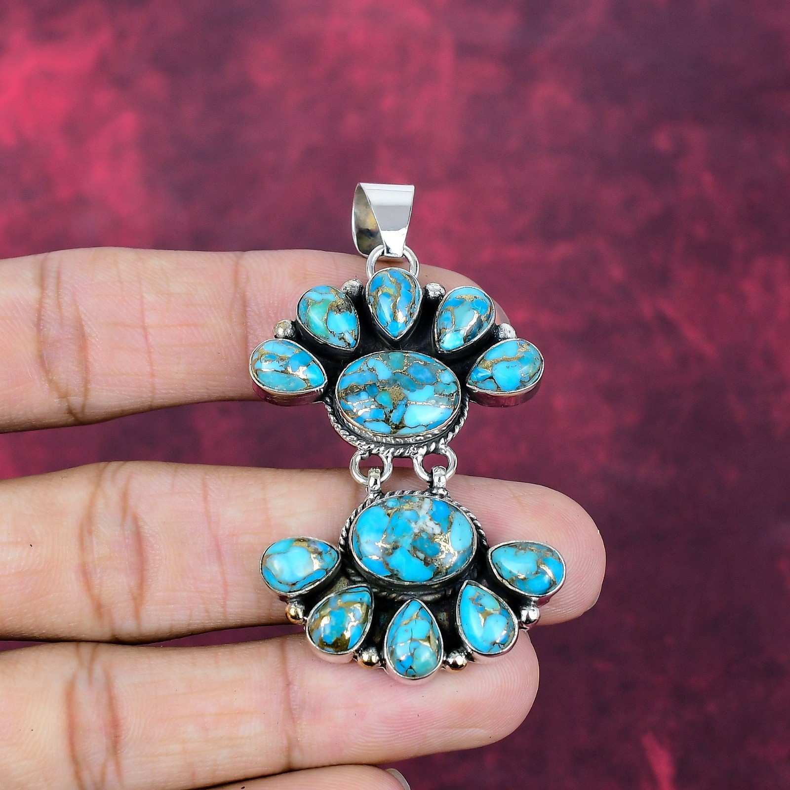 Blue Copper Turquoise Gemstone Handmade 925 Sterling Silver Jewelry Pendant