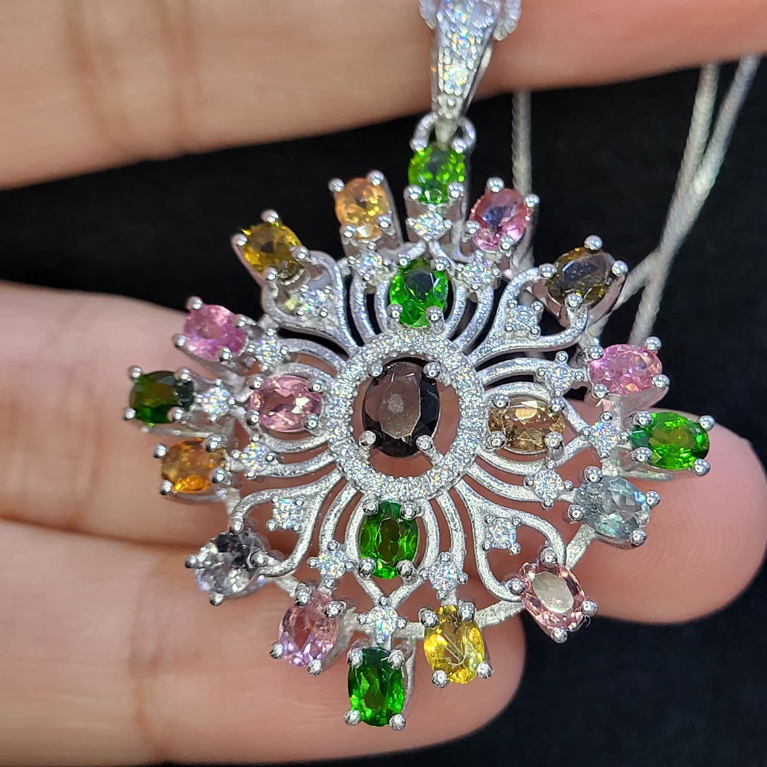 Natural Tourmalite Gemstone 925 Sterling Silver Pendant Oval Multi-Color