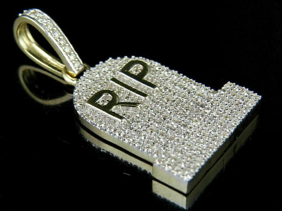 2Ct Round Cut Diamond RIP Unisex Pendant Charm 14K Yellow Gold Finish Free Chain