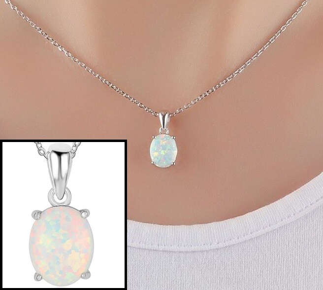 925 Sterling Silver White Fire Opal Womens Chain Link 18″ Pendant Necklace D679